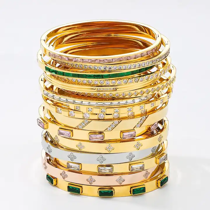 Gold square inset stone diamond bangle