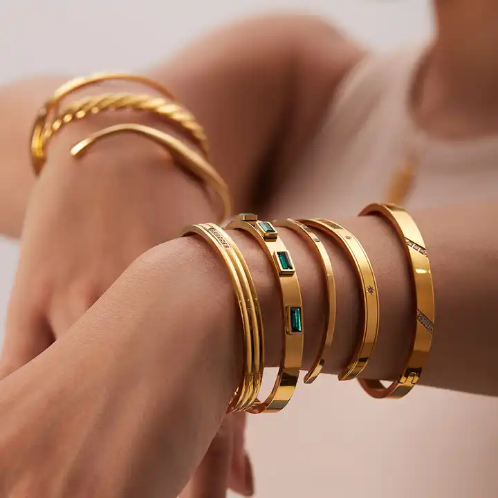 EMERALD || Green stone accents /  18 karat gold bangles (2 options)