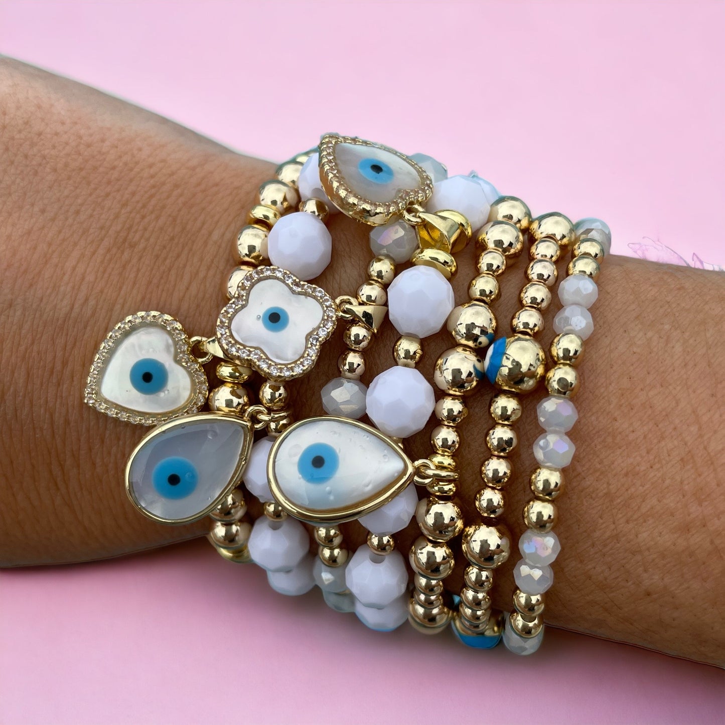 Evil Eye Clover Pearlescent Charm Bracelet 6mm