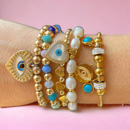 Evil Eye Gold Heart Pearlescent Charm Bracelet 6mm