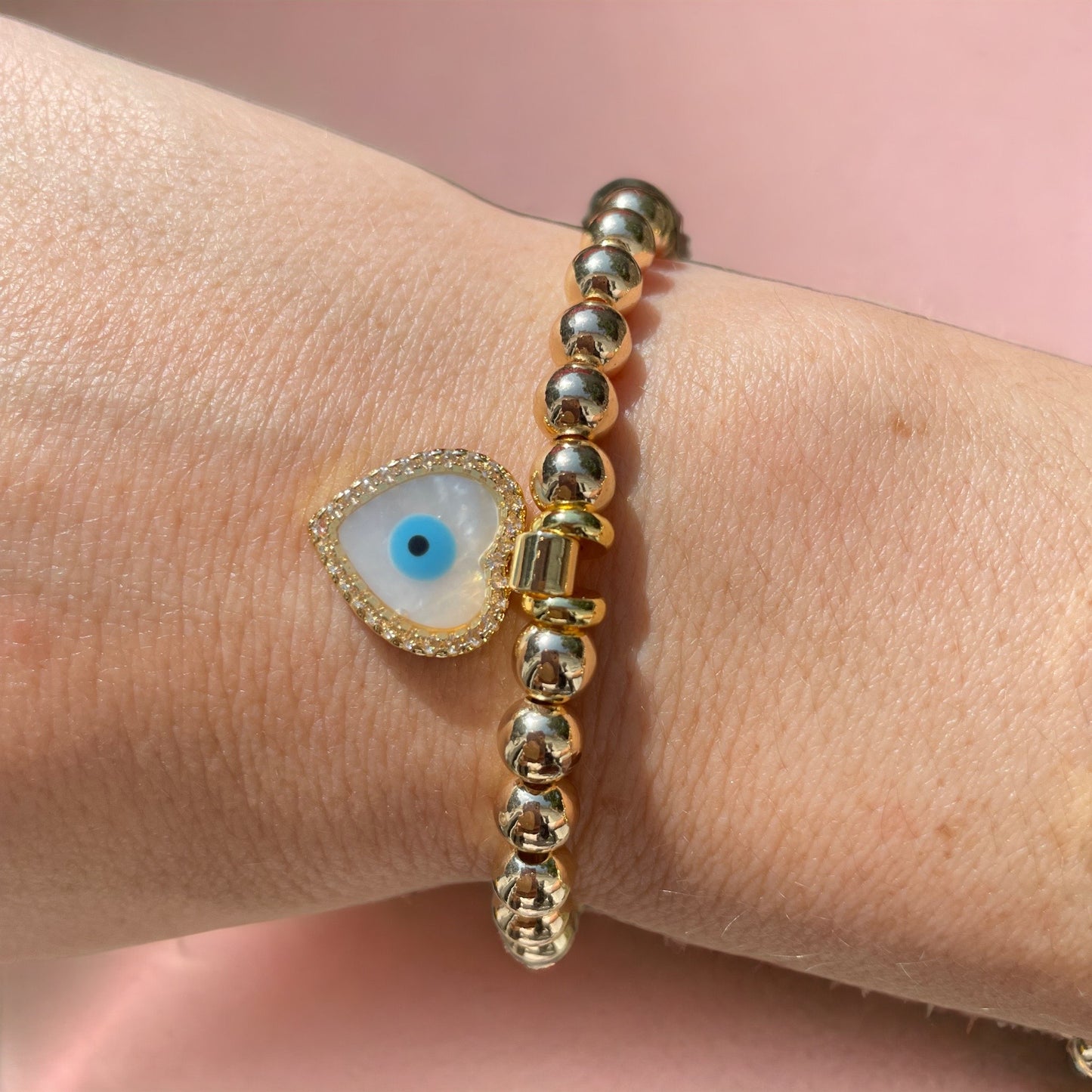 Evil Eye Gold Heart Pearlescent Charm Bracelet 6mm